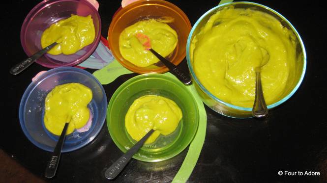 George helped me with this feed so we each kept track of two colored bowls.  This is some of our mango avocado medley.