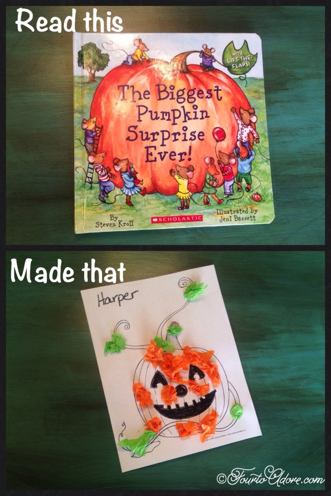tissue paper stuck onto pumpkin coloring sheet, toddler fine motor craft